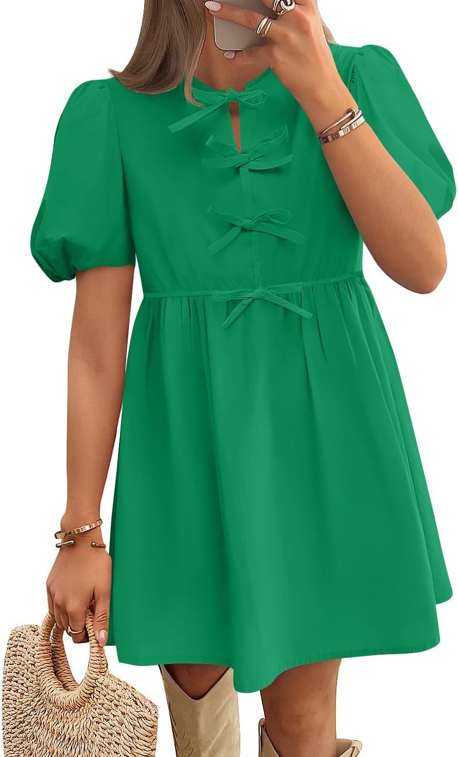 ZESICA Women's Summer Short Sleeve Tie Front Mini Dress Cute Babydoll Ruffle Pleated A Line Tunic Dresses