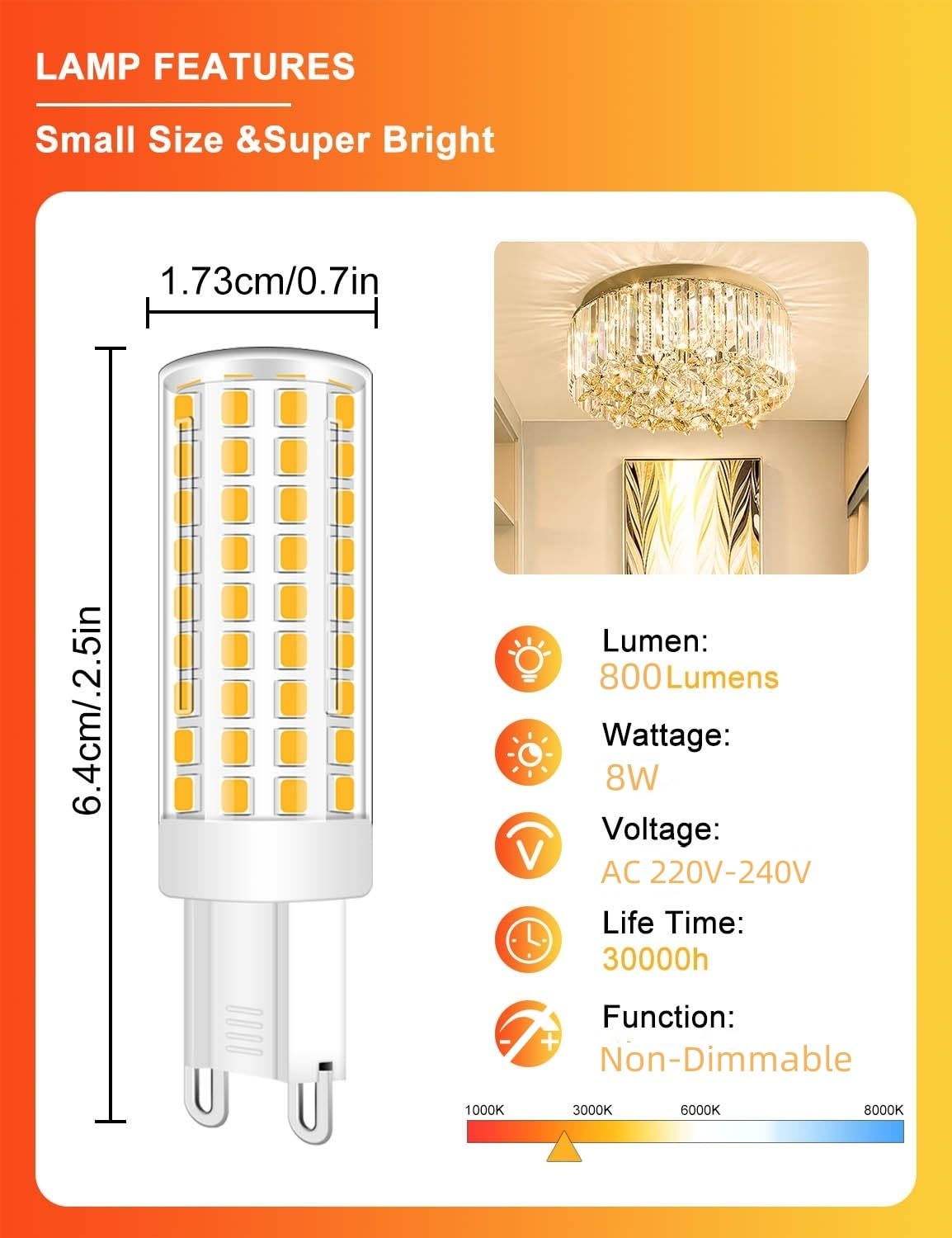 ZHENMING G9 LED Bulbs 8W, Equivalent to 70W 80W Halogen Replacements, Bi-Pin Base Bulb Warm White 3000K, No Flicker - Image 2