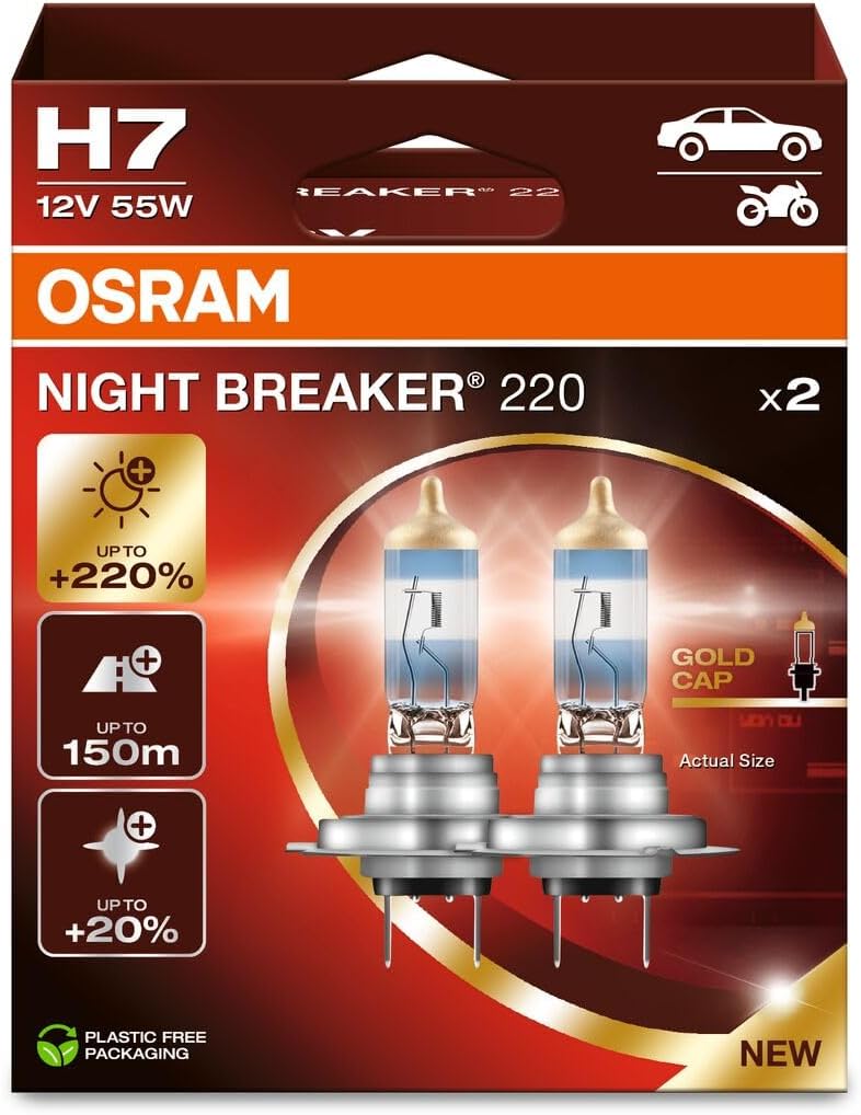 NIGHT BREAKER 220, H7, 220% more brightness, halogen headlight lamp, 64210NB220-2HB, Folding Box (2 lamps), white