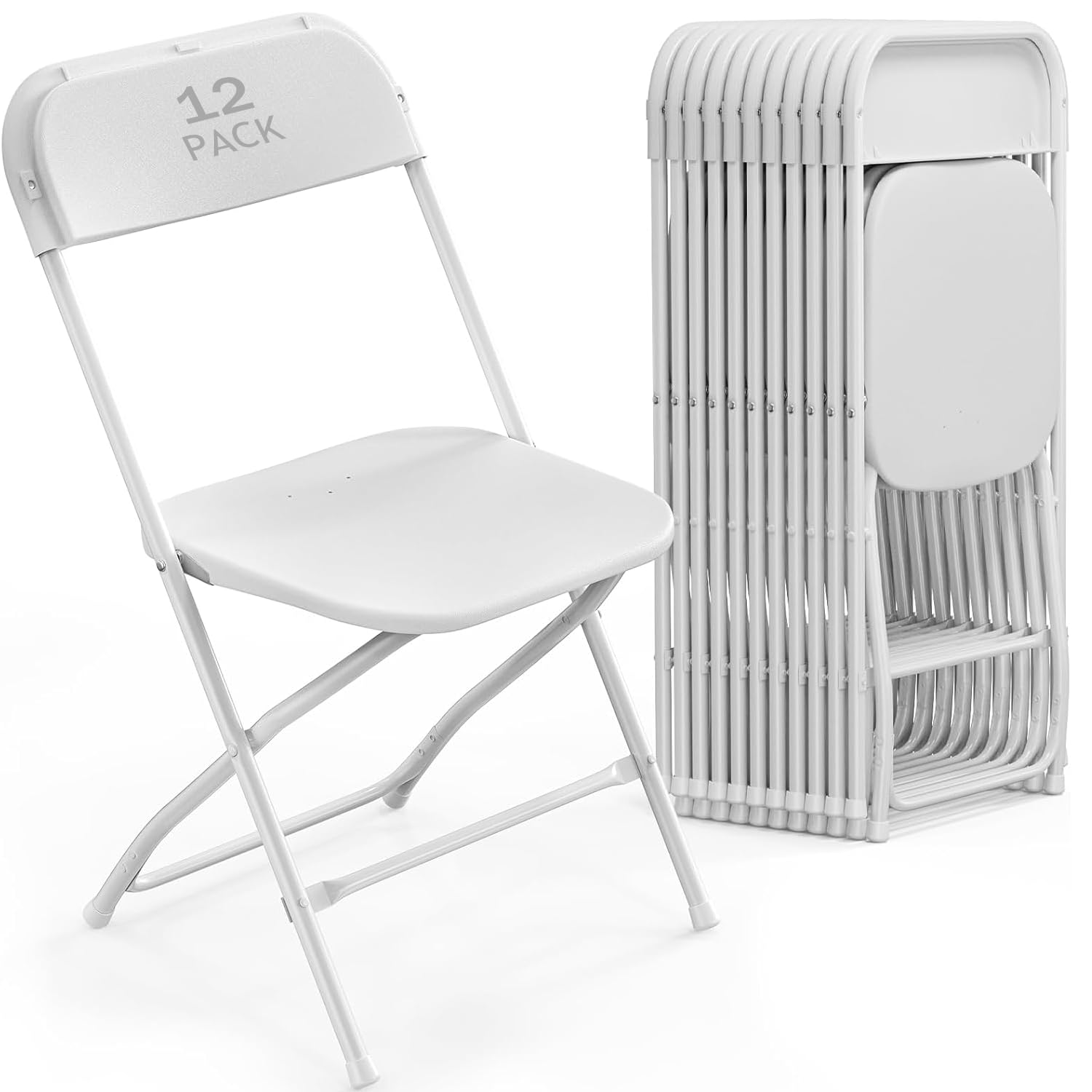 VISTACASA 12 Pack White Plastic Folding Chair, Indoor Outdoor Portable Stackable Commercial Seat with Steel Frame 350lb. Capacity for Events Office
