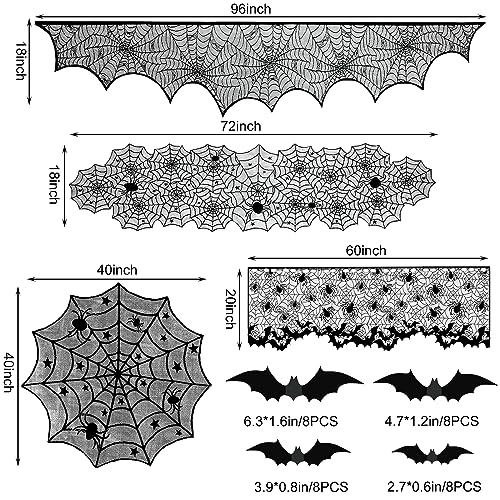 5Pack Halloween Decorations Indoor Halloween Decor Black Lace Table Runner Fireplace Mantel Scarf Round Tablecloth Cobweb Lampshade with 32 Pcs 3D Bat Wall Stickers3