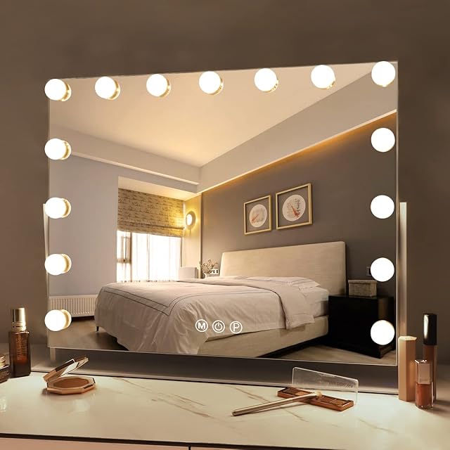 FENCHILIN Lighted Makeup Mirror 360 Degree Rotation Hollywood Vanity Mirror with Lights 15 LED Bulbs Lighted Hollywood Makeup Mirror with 10X Magnifying, USB Charging Port Touch Control