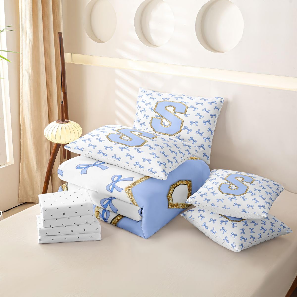 Loussiesd Sweet Blue Bows, copripiumino per letto super king, 7 pezzi