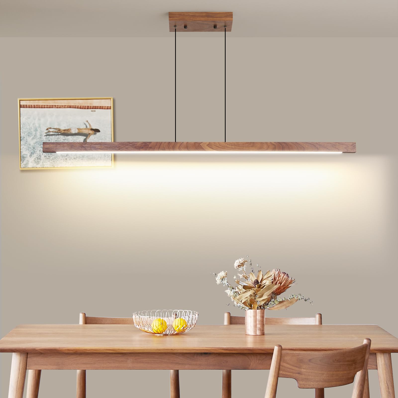 Mikeru 120 cm, lampada a sospensione a LED, tavolo da pranzo, 40 W, in noce, dimmerabile, con telecomando, 10%-100% lampada a sospensione regolazione della temperatura del colore, per cucina, sala da