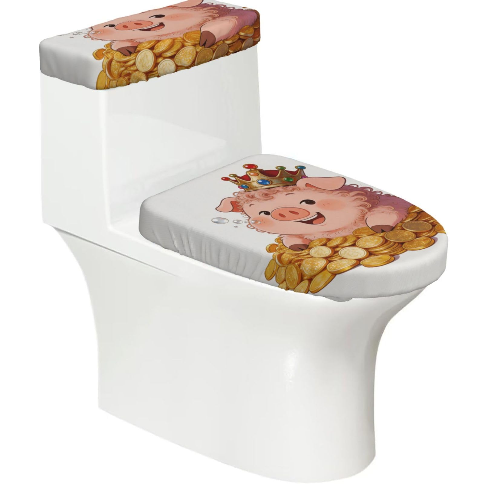 Pig King Elastic Toilet Cover Set of 2-Stretchy Lid and Tank Covers for Bathroom, Soft Washable U Shape Toilet Decor