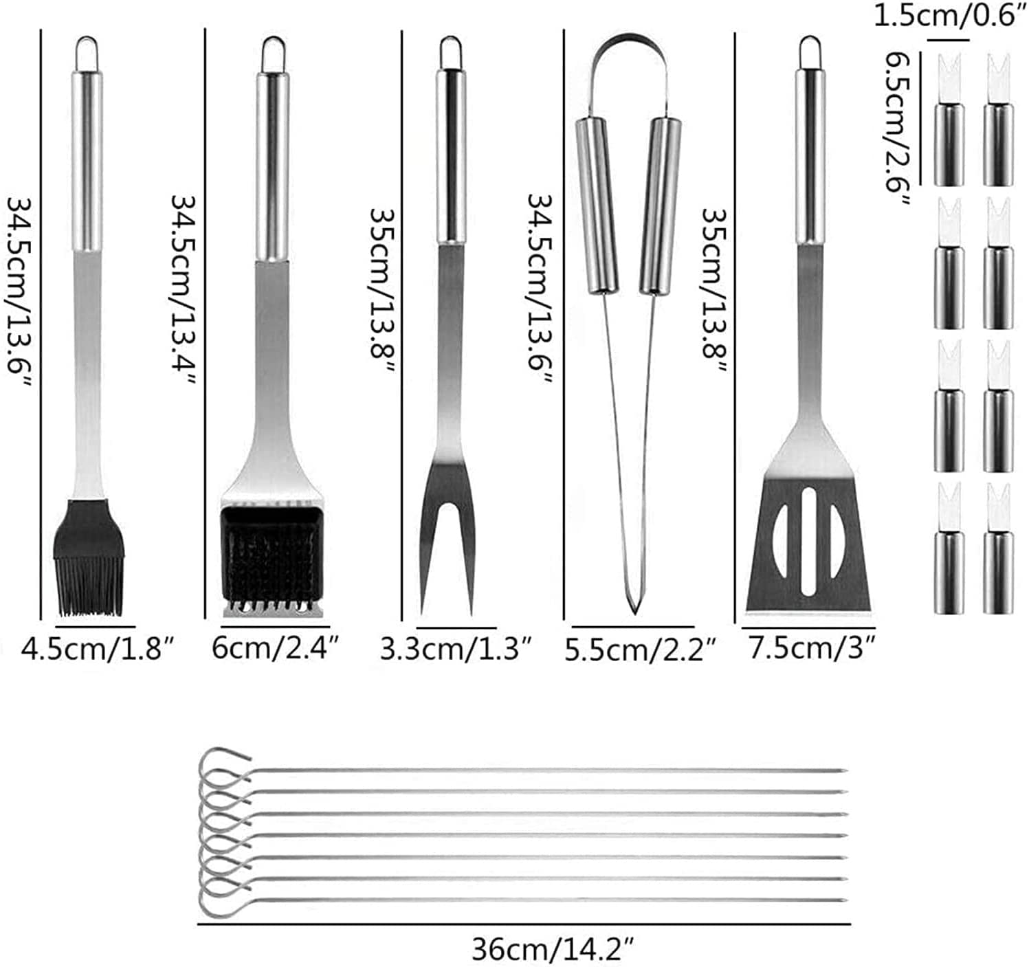 MRKU 20-teiliges Grillset mit 4-in-1-Spatel, Edelstahlspießen, Drahtreinigungsbürste, Grillzange und Maiskolbenhalter, Grillzubehör und Utensilienpaket