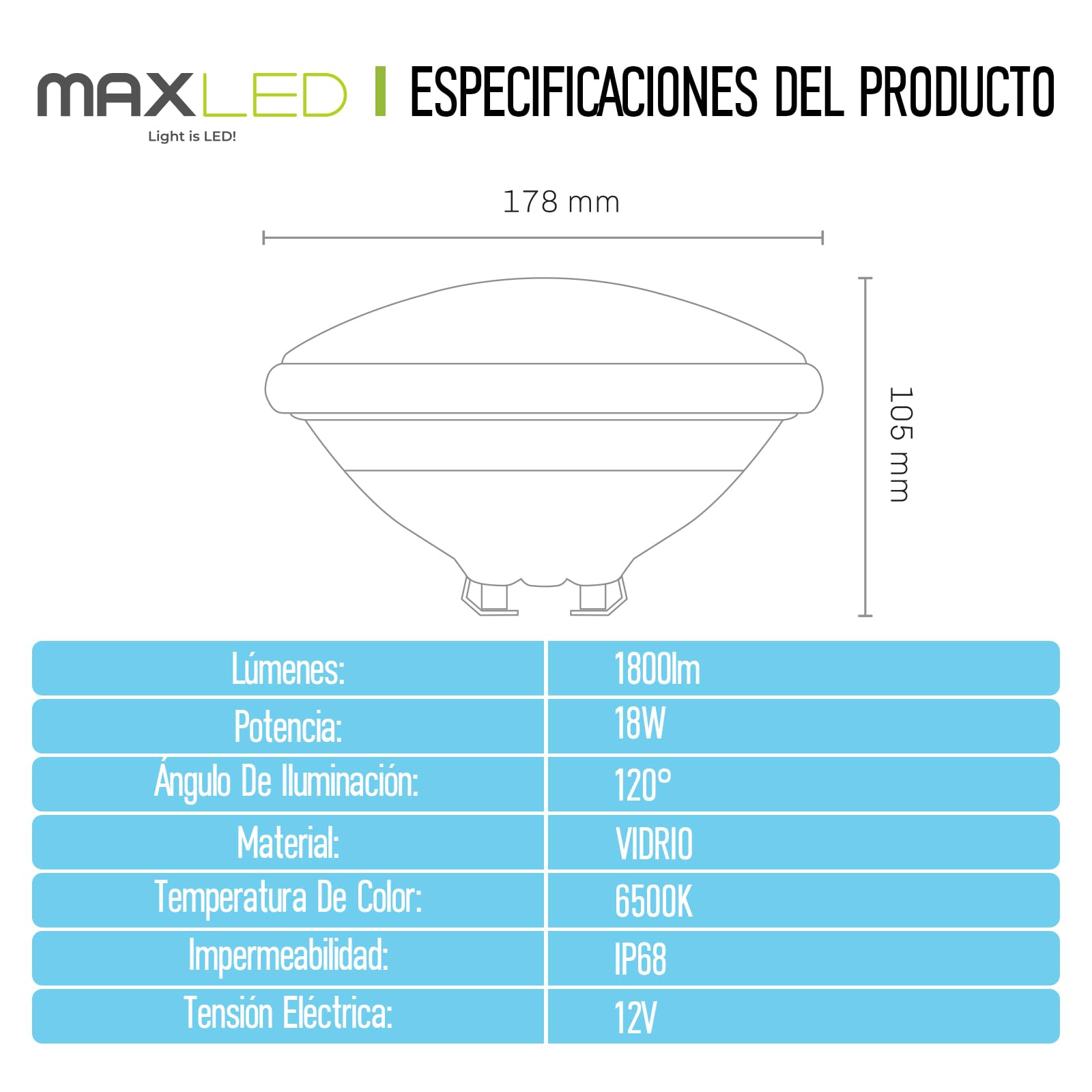 Piscina Sumergible Iluminación PAR56 18W Sustituye Lámpara de 150W 6500K Blanco Fría IP68 Impermeable 1800LM Foco de Piscina Exterior Ángulo de Haz 120° CA/CC12V