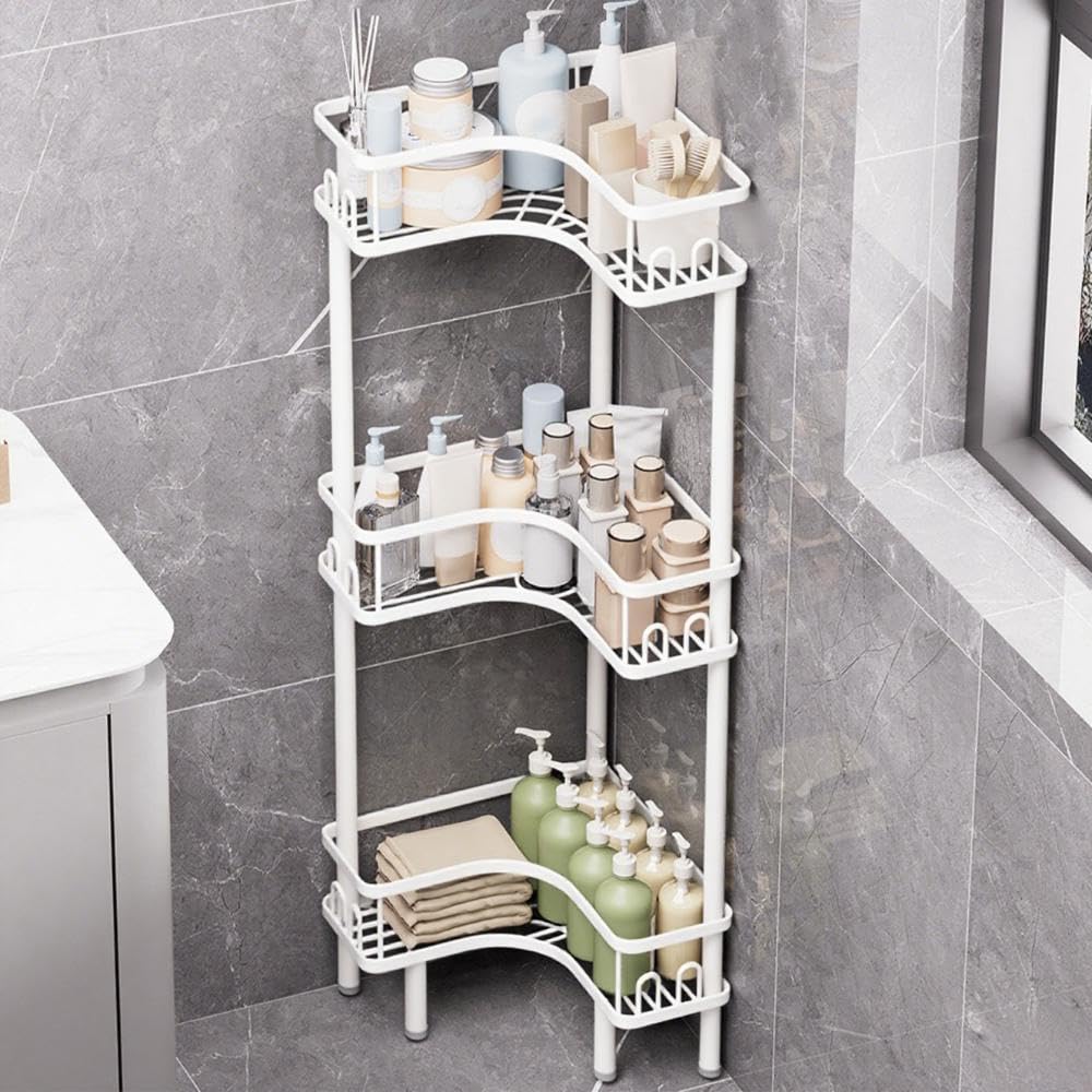 Biutimarden Free Standing 3 Tier Shower Caddy with 4 Hooks on Each Shelf Waterproof Corner Organizer Corner for