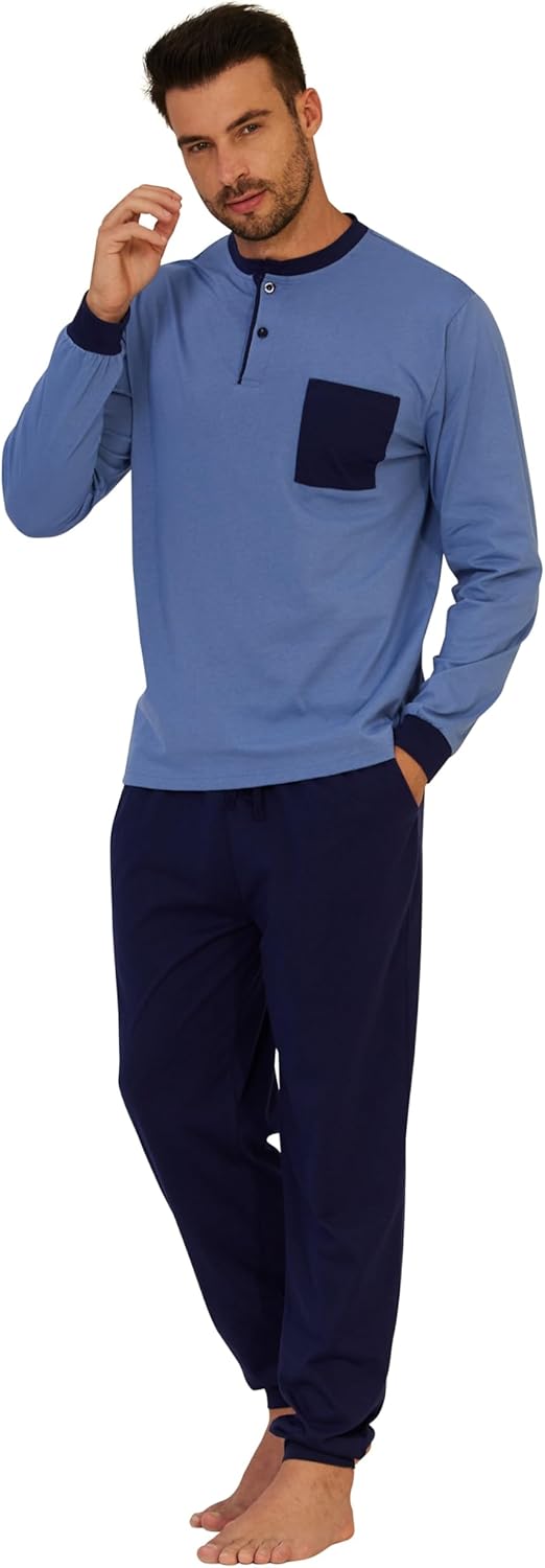 Keyocean Mens Henley Pajama Set, Soft Cotton Long-Sleeve T-Shirt & Pants 2-pieces PJ Set for Sleeping - Image 5