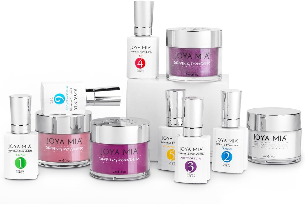 Joya Mia Complete Nail Dipping Powder Starter Kit with Powders, Top, Base, Vitamin Oil, and Brush Save (Pink, Burgundy, Purple Glitter) (DPSK-5)