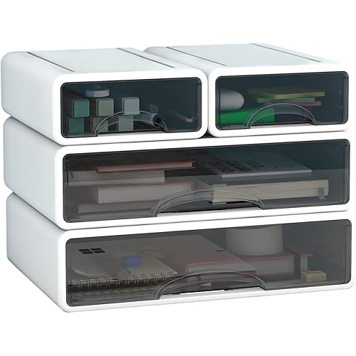 KAYYUKI WH Stackable Office Storage Box with Drawers｜ Desk Storage Box with 4 Drawers｜Organize desk accessories Plastic desktop storage box｜（Fashion Pearl White）