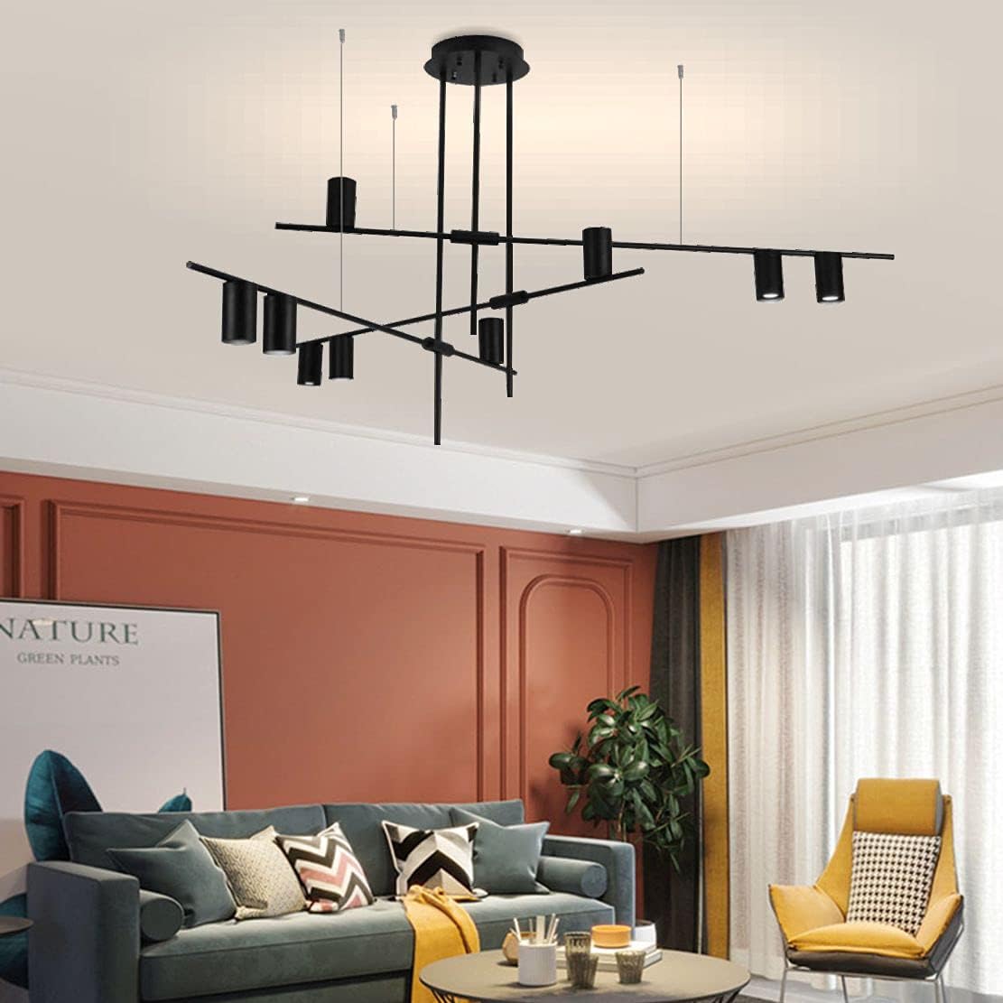 Greatest Product BOKT Modern Chandelier 9-Lights Spotlight Pendant Lighting, Geometric Modern Linear Hanging Lamp Fixture with Led Bulbs ,for Living Room Dinning Room Kitchen Island(Black+Black Shade, 9 Heads)