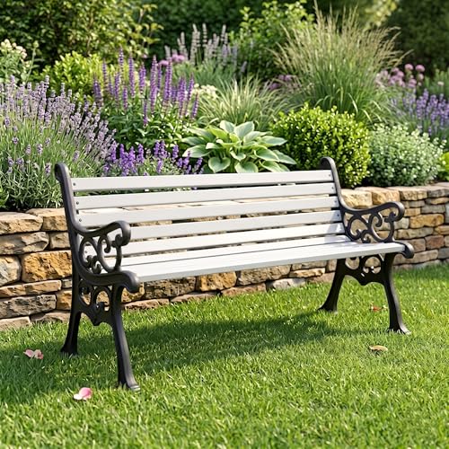 Image of BRISHI 3 Seater cast Iron Garden Bench for Indoor & Outdoor Park /Patio /Living Room /Terrace /Balcony (White) (Black + White)