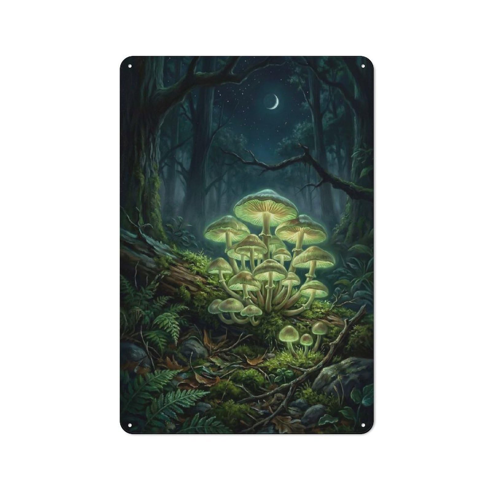 Bioluminescent Mushrooms in A Dark Forest Retro Tin Sign 30x20cm for Pub Or Café, for Collectors Building A Themed Wall Display