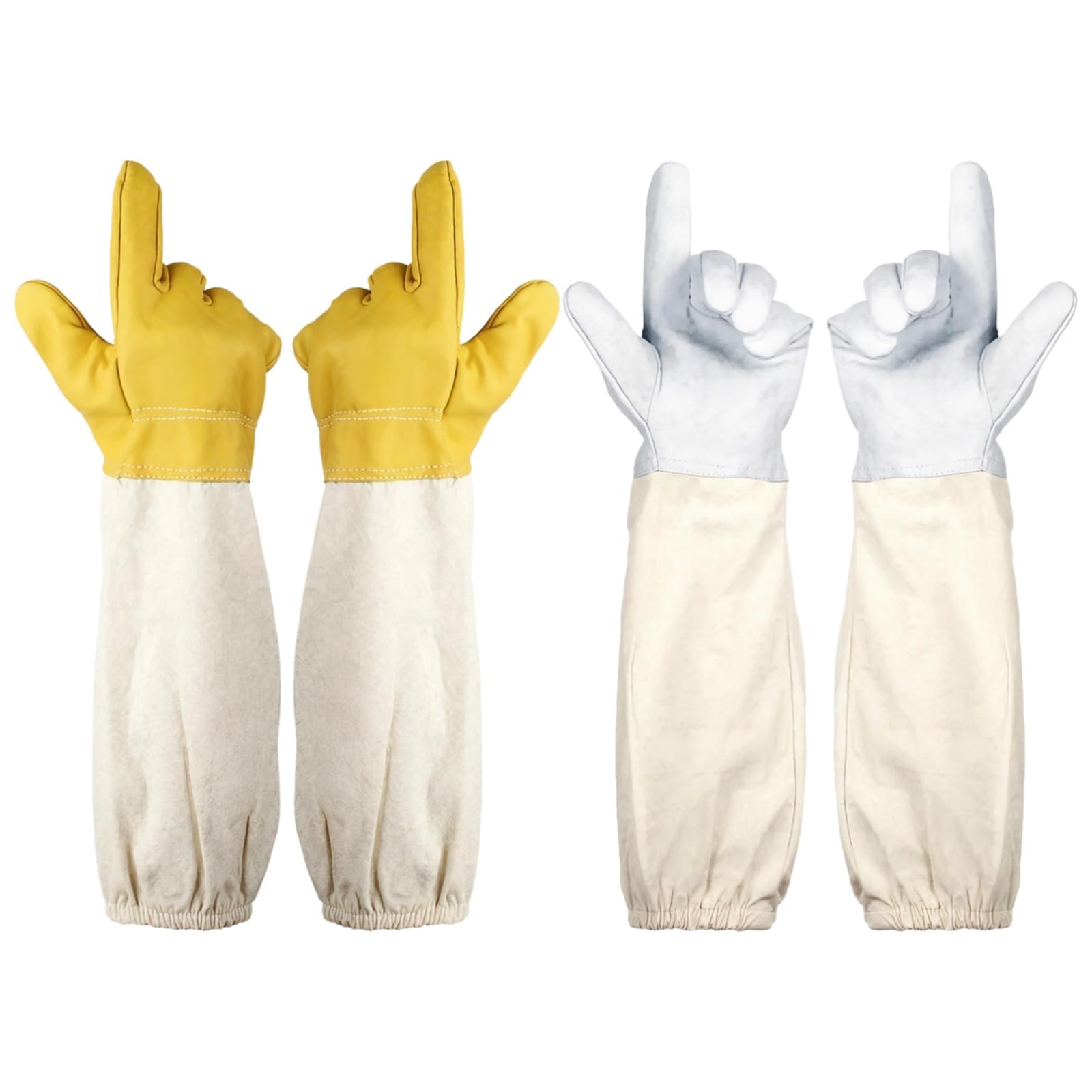 2 Paar Ziegenleder Imkerhandschuhe, Schutzhandschuhe aus Leder, verstärkte Handrücken, flexibel und robust, zum Schutz im Imkeranzug, Imkereibedarf, Weiß und Gelb