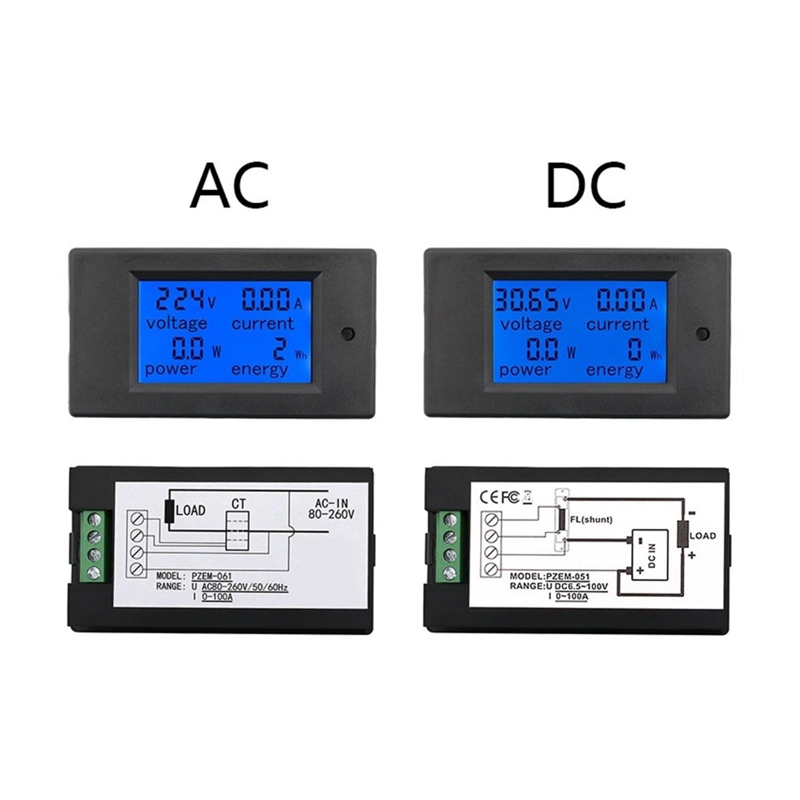 Cyfrowy licznik energii elektrycznej 20A 100A AC 80-260V DC 6.5-100V Cyfrowy Wyświetlacz LED Woltomierz Amperomierz Watomierz Miernik Energii Miernik Napięcia(100A Meter Shunt)