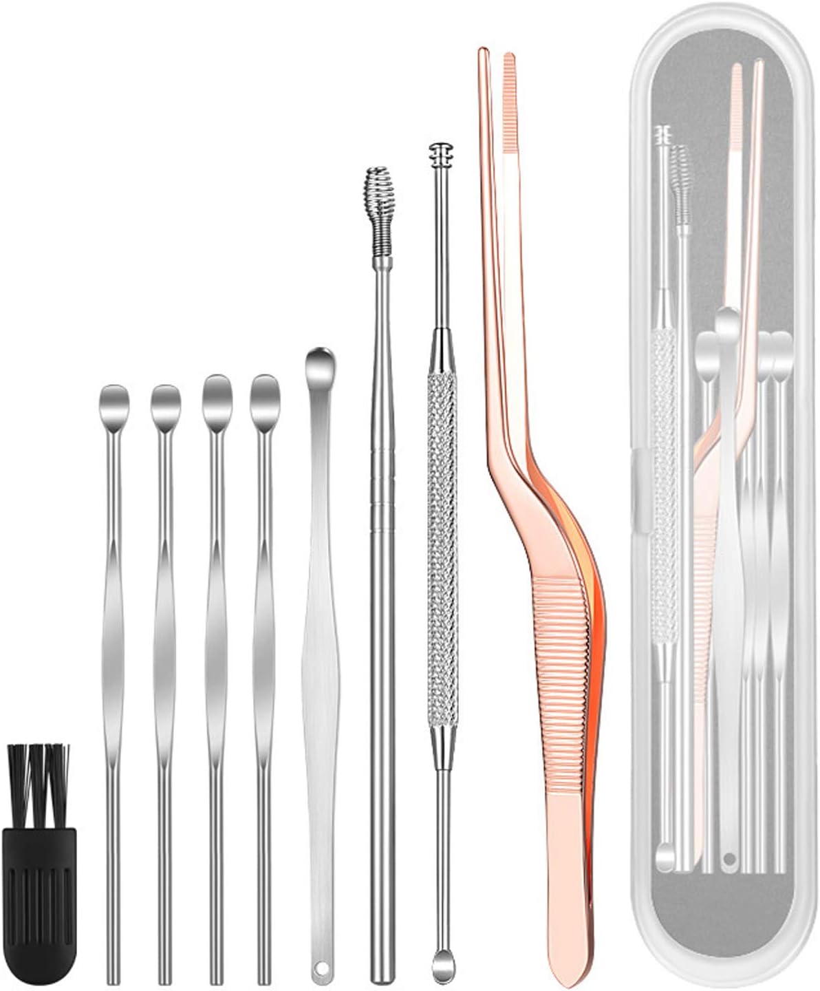 Ear Cleaning Set, Curved Tip Tweezer & 7 pcs Double-Ended Stainless Steel Spiral Ear Wax Cleaner Removal Tool Baby Safe & Kits with Stainless Steel Storage Box (8 Pcs Sliver)