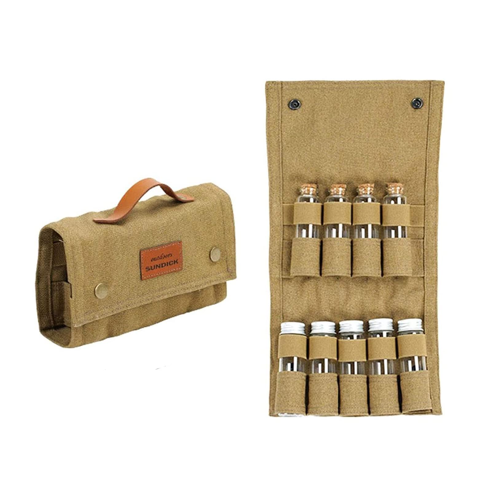 NALACAL Portable Travel Spice Kit for Camping, Salt and Pepper Shakers, Multi Spice Container, Outdoor Camping Seasoning Bottle Storage Bag - 9 Spice Jars Included - Khaki