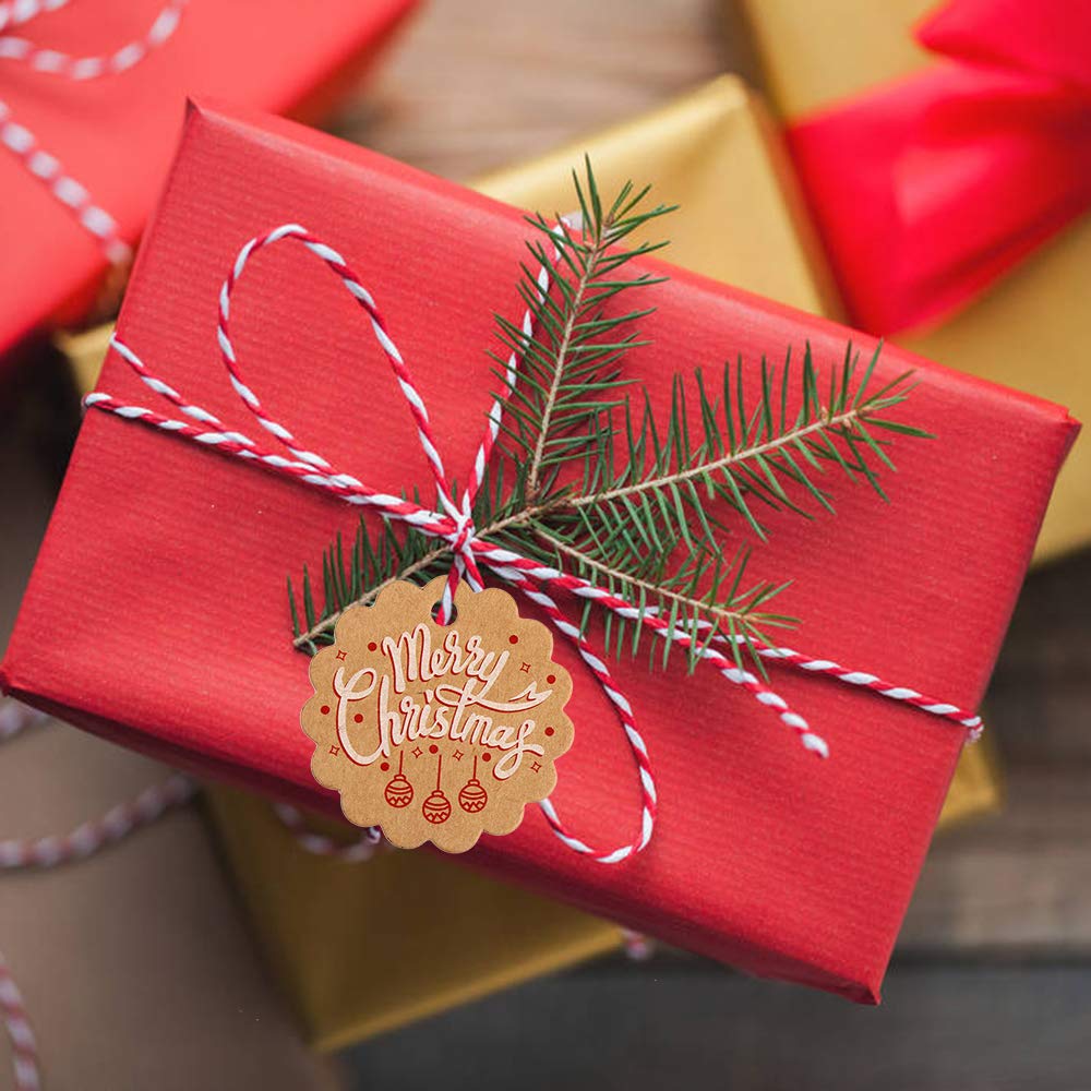 100 Étiquettes Cadeaux Noël Vintage - Papier Kraft 23,4x13,5cm Avec Ficelle - Pour Emballage Cadeaux