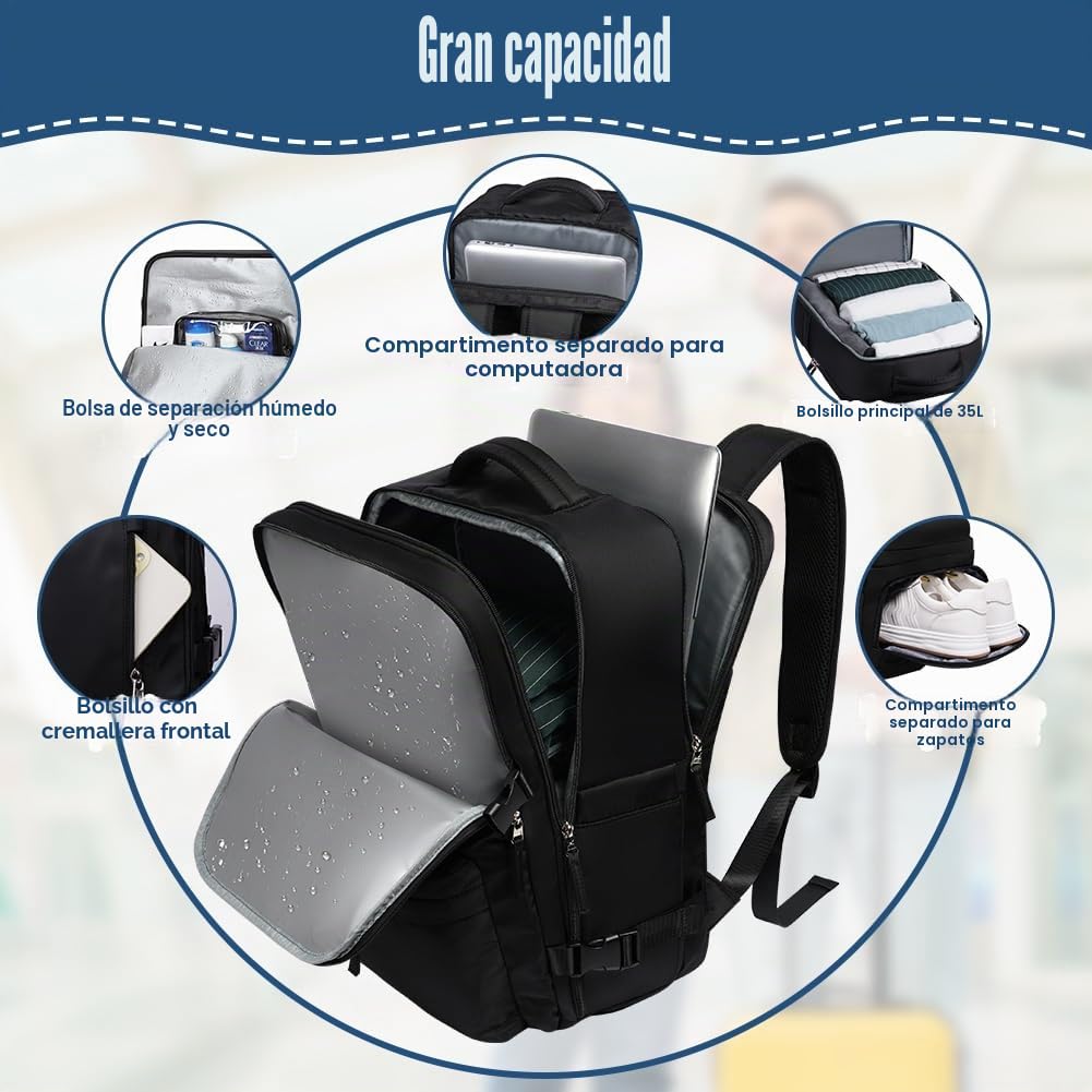 flintronic Mochila de Viaje Cabina Avion, 43x30x20 cm, Bolsa de Viaje Equipaje de Mano 35L, Mochila Unisex Impermeable con Puerto USB y Compartimento para Zapatos, para Portátil de 15,6 Pulgadas