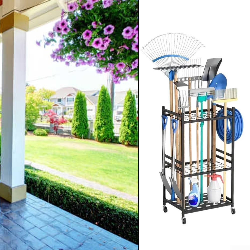 FACAIIO Portautensili da giardino in metallo per uso esterno resistente, antiruggine, nero, supporto organizer per garage e balcone, 80 x 30 x 40 cm