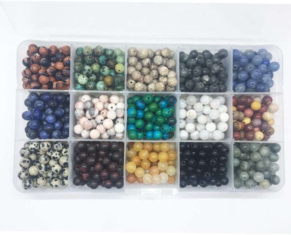 800pcs 6mm Natural & Synthetic Round Stone Beads Gemstone Beading Loose Gemstone Hole Size 1mm DIY Smooth Beads for Bracelet Necklace Earrings Jewelry Making,Box Packed. (15 Material, 6mm)