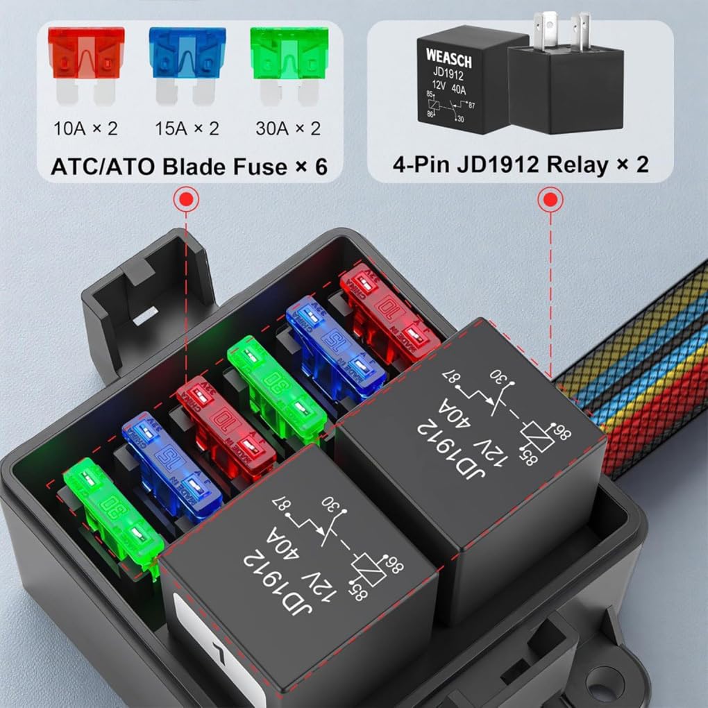 Caja de fusibles y relés de nailon resistente para automóviles, con cables codificados por colores y 6 ranuras para fusibles para una fácil instalación. Relé automotriz 6 ranuras / / 2 relés