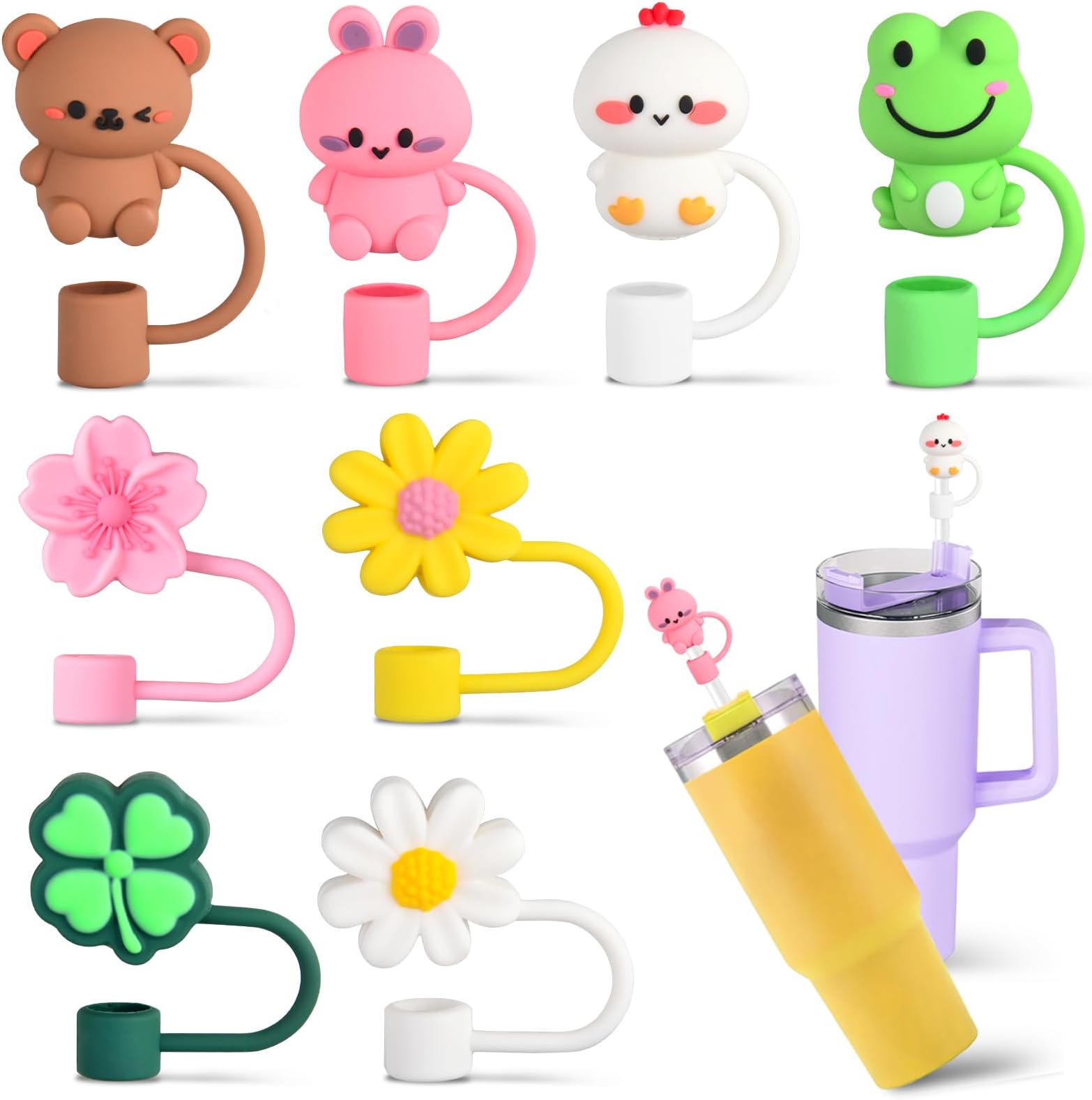 ALKNOT 8pcs 10mm Silicone Straw Toppers for Stanley Cup, Reusable, Dust-Proof, Animal Shaped Straw Covers for 30&40 Oz Tumbler