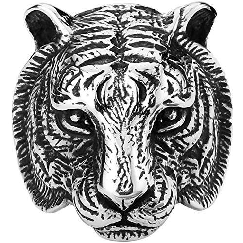 Men's Vintage Gothic Tribal Biker Tiger Head Skull Stainless Steel Ring Band Silver Black Size 7