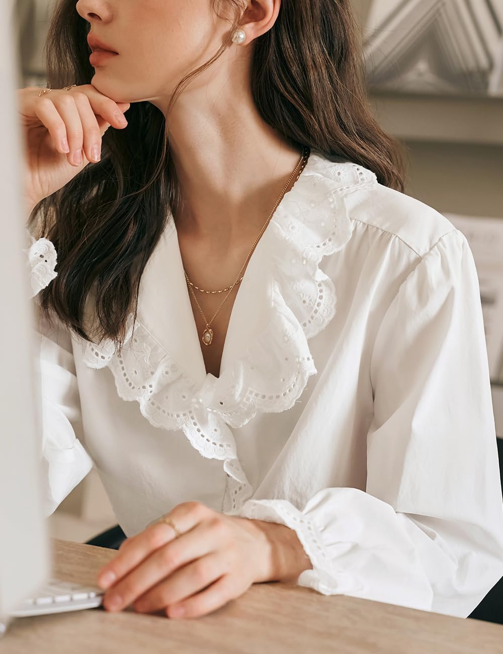 Women's White Eyelet Lace Ruffle V-Neck Blouse, Bohemian Style Long Sleeve Button Closure Elastic Cuff Shirt Top - Image 4