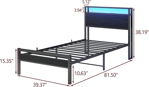 Miniatura 2 de BOFENG Base de cama de metal tamaño individual, cabecera de almacenamiento de madera negra con estación de cargaluces LED, marcos de cama de