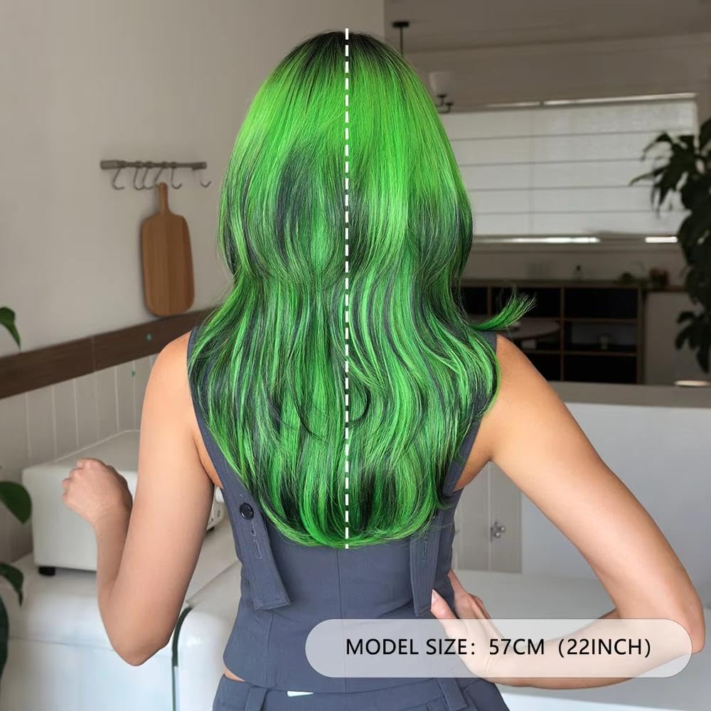Haarpflege Lange Wellige Grüne Perücke Für Frauen Mit Pony Natürliche Dunkle Wurzeln Faserperücke Haarschwanz Schwarz Gefärbt