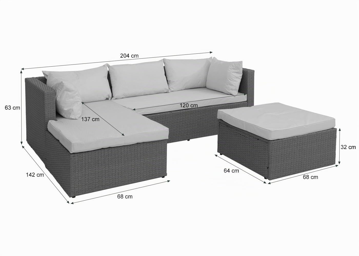 Mendler Poly-Rattan Garnitur HWC-O46 - grau Polster dunkelgrau | Balkon-/Garten-/Lounge-Set, Sofa, Sitzgruppe