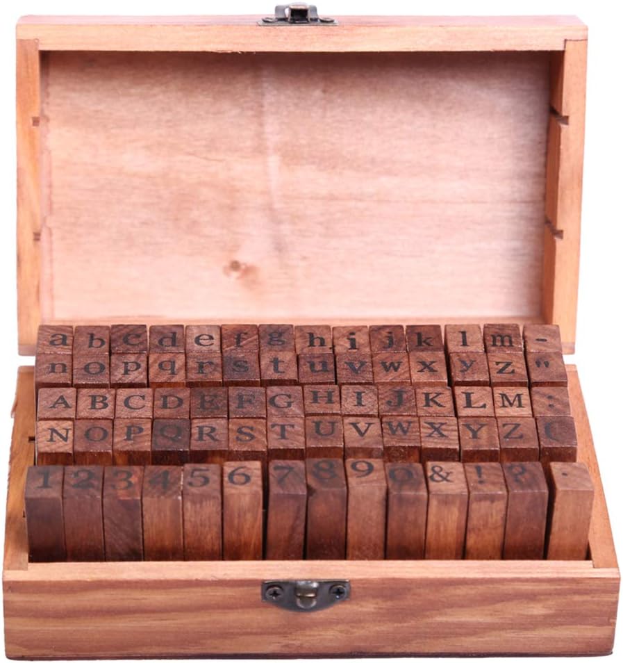70 Pcs Classic Vintage Retro Wooden DIY Number and Alphabet Letter Seal with Wooden Box Standardized Form Stamps Regular Script Letters