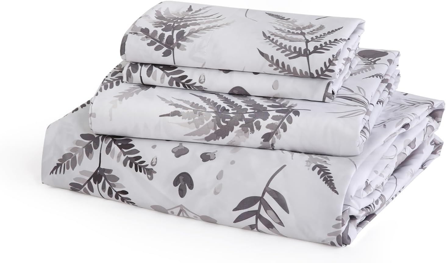 JSD 100% Cotton Floral Sheet Set Queen, 300 Thread Count Printed Sateen Sheets, Soft Breathable Cooling Bed Sheets Deep Pocket, Grey White