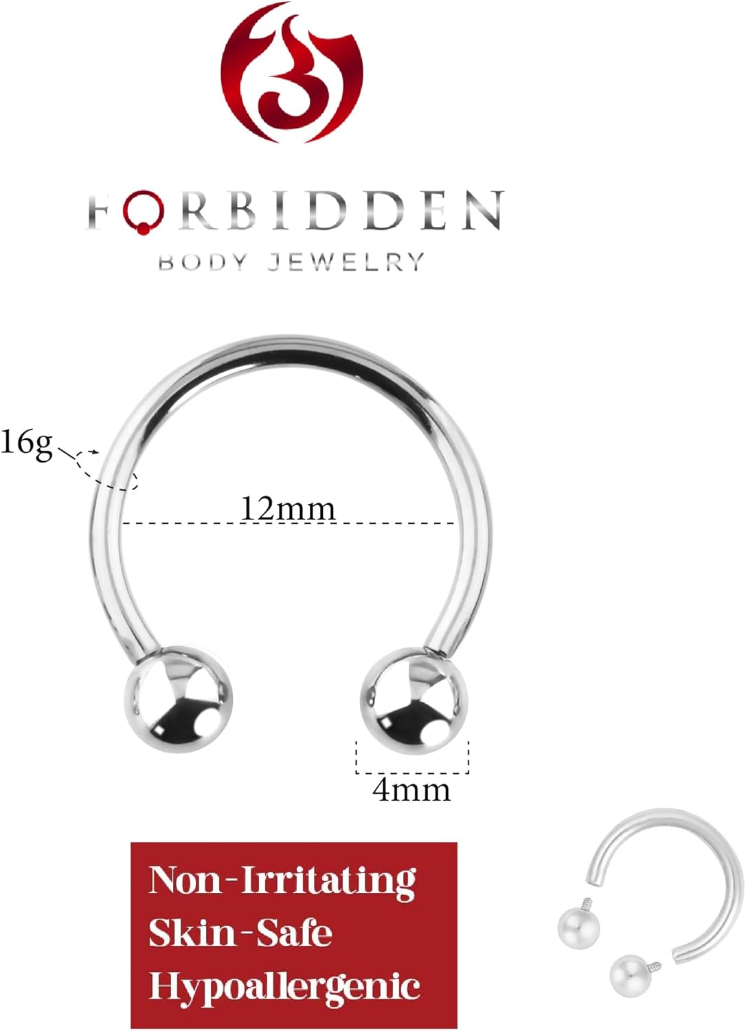 Forbidden Body Jewelry 14G-16G Solid Titanium Internally Threaded Horseshoe Ring for Cartilage/Septum - Image 2