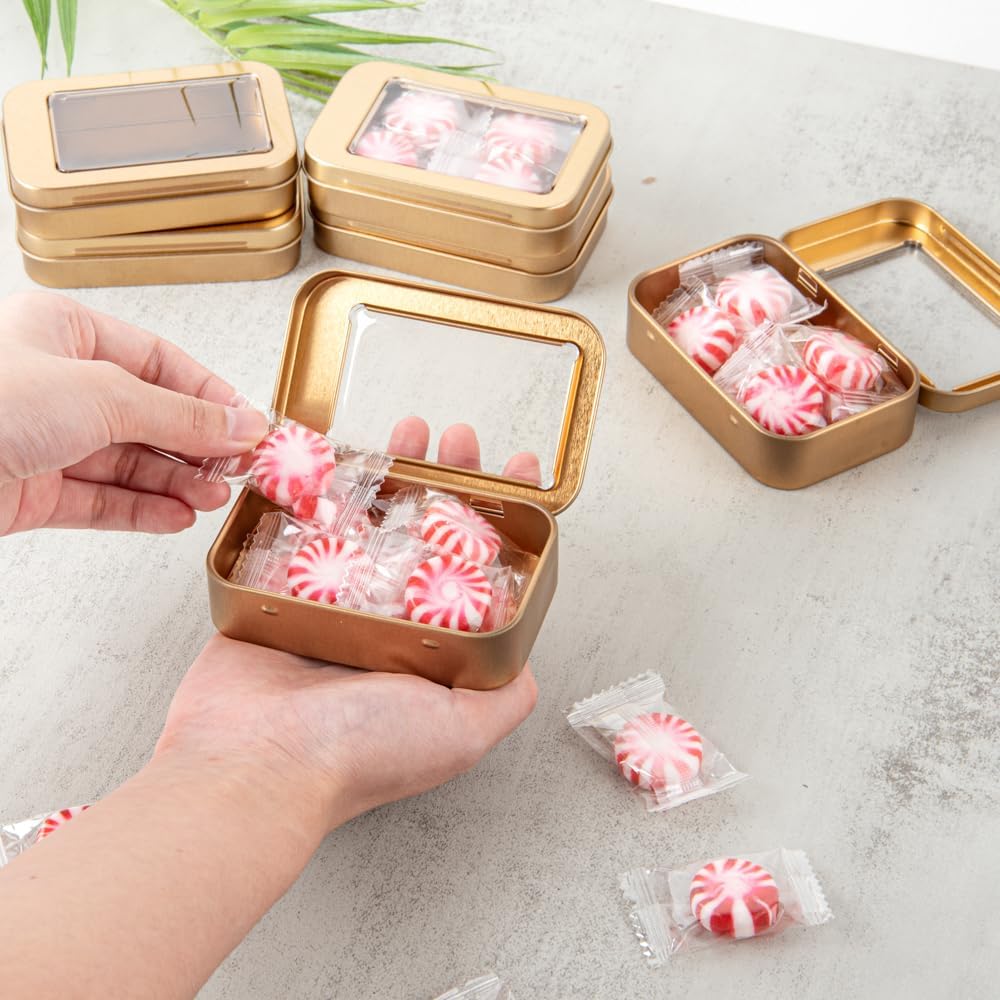 Restaurantware RW Base 4.5 Ounce Rectangular Tin Containers 100 Durable Tin Boxes With Lids - Clear Window Lids Rounded Edges Gold Tin Storage Containers Customizable Fits Mints Or Pills