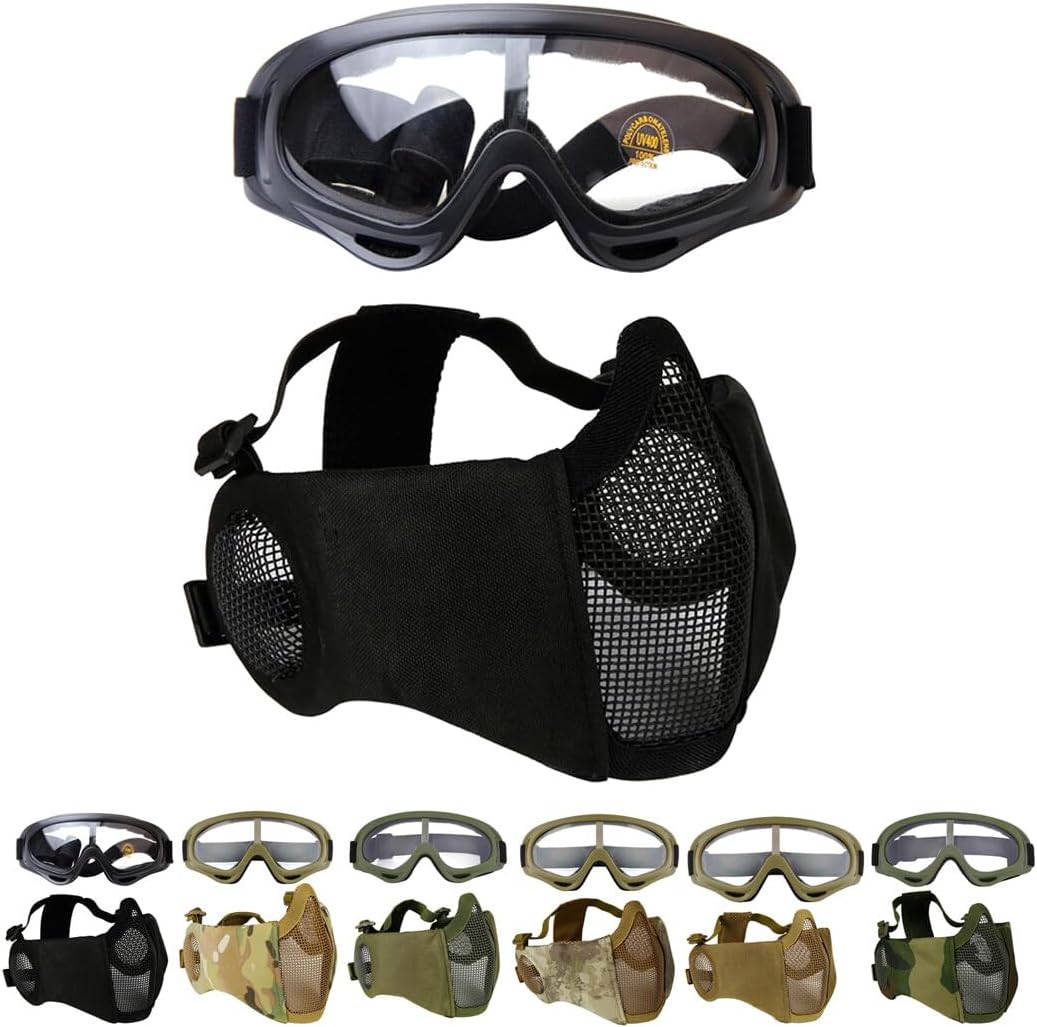 BOSREROY Adjustable Airsoft Half Face Face Cover with Goggles, Bendable Mesh Protective Face Cover for Outdoor Use