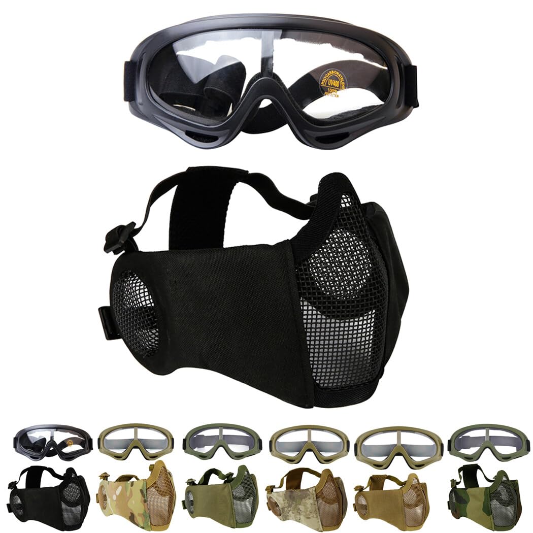 BOSREROY Adjustable Airsoft Half Face Face Cover with Goggles, Bendable Mesh Protective Face Cover for Outdoor Use