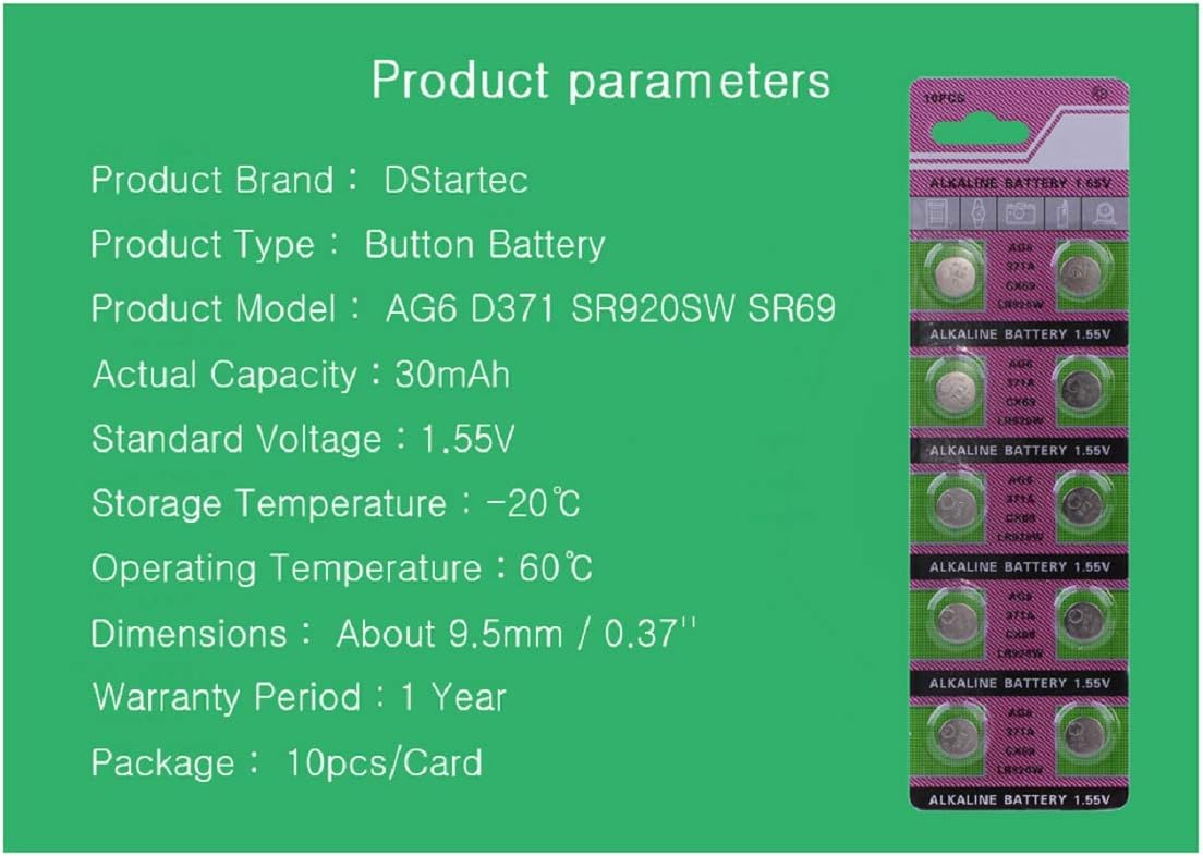 Cotchear 10 Pcs AG6 Button Cell Battery 1.55V Coin Alkaline Battery 371 SR920SW LR920 SR927 171 370 L921 LR69 SR920 AG6 Batteries [10pcs/Pack]
