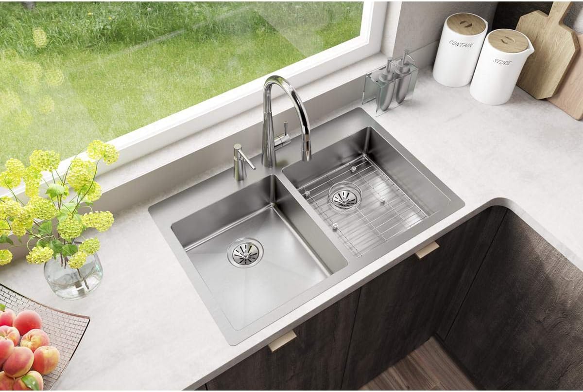 Elkay ECTSRAD33226TBG1 Crosstown 18 Gauge Stainless Steel 33" x 22" x 6" 1-Hole Equal Double Bowl Dual Mount ADA Sink Kit