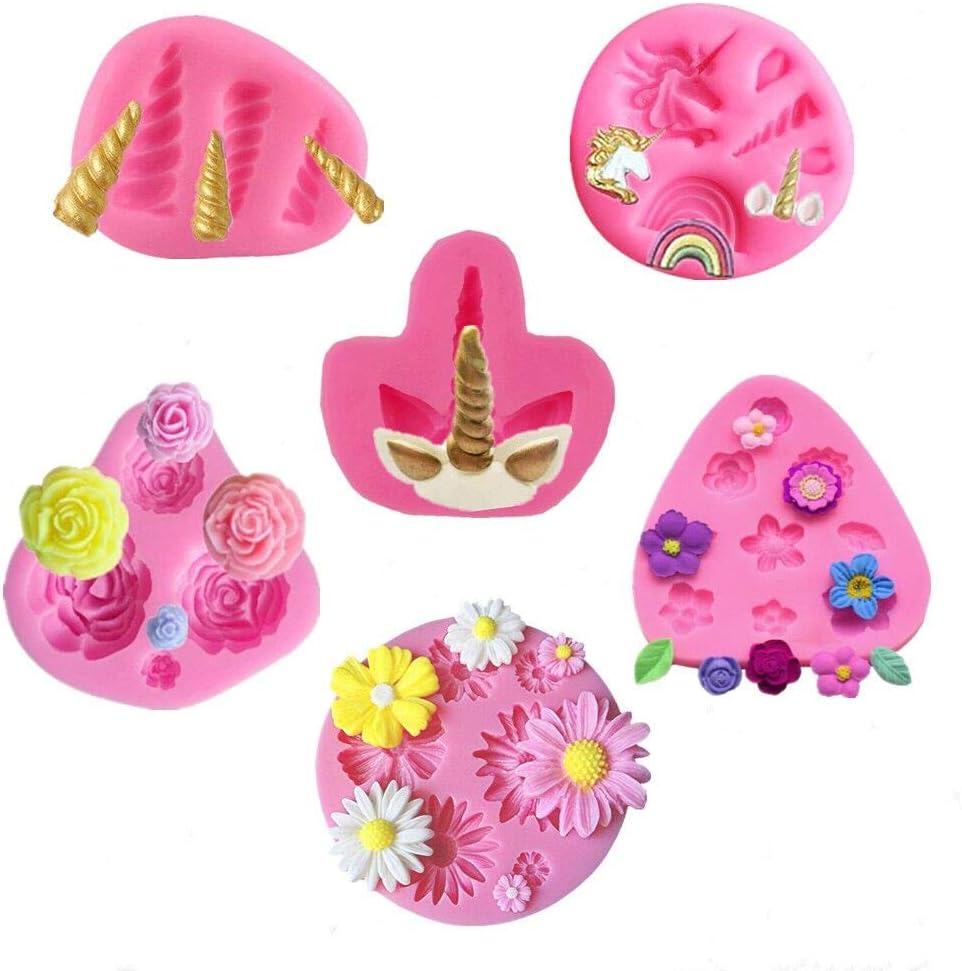 Mini Unicorn Mold Set,Unicorn Horn Ears Rainbow Flowers Silicone Cake Fondant Mold,Cupcake Toppers Mold for Candy,Chocolate,Fondant,Polymer Clay,Soap,Crafting Projects & Cake Decoration