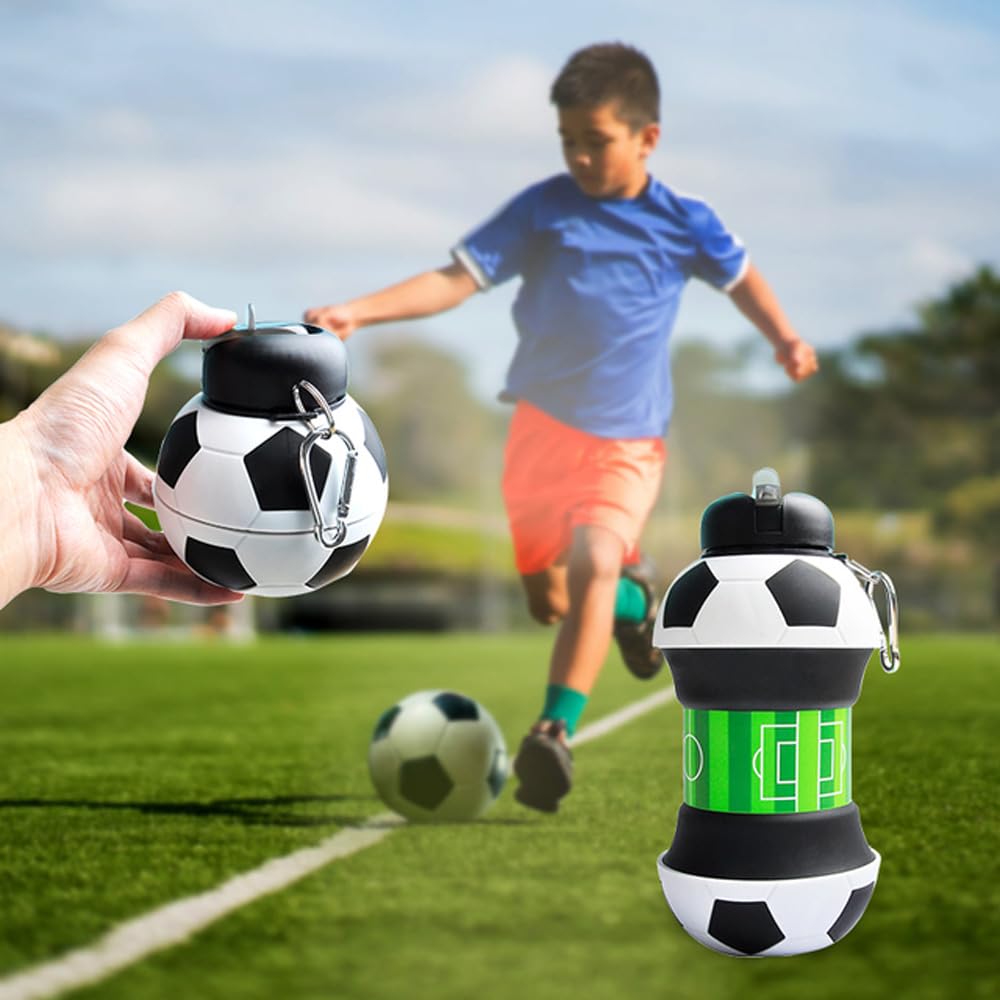 Botella de agua plegable para niños y niñas sin bpa. Cantimplora infantil para camping, personalizada con tu deporte. Balón de agua compacto para regalo original (Futbol)