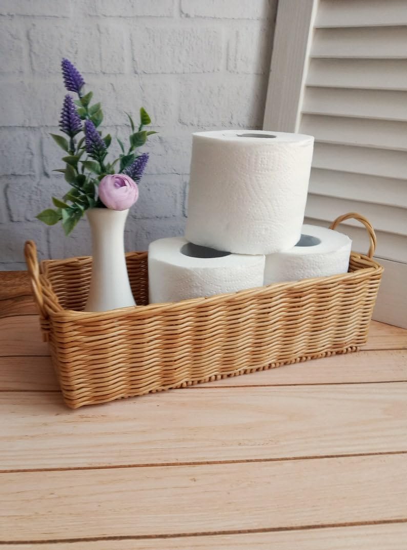 Wicker Rectangular Toilet Paper Basket. Toilet Paper Holder. Bathroom Storage.