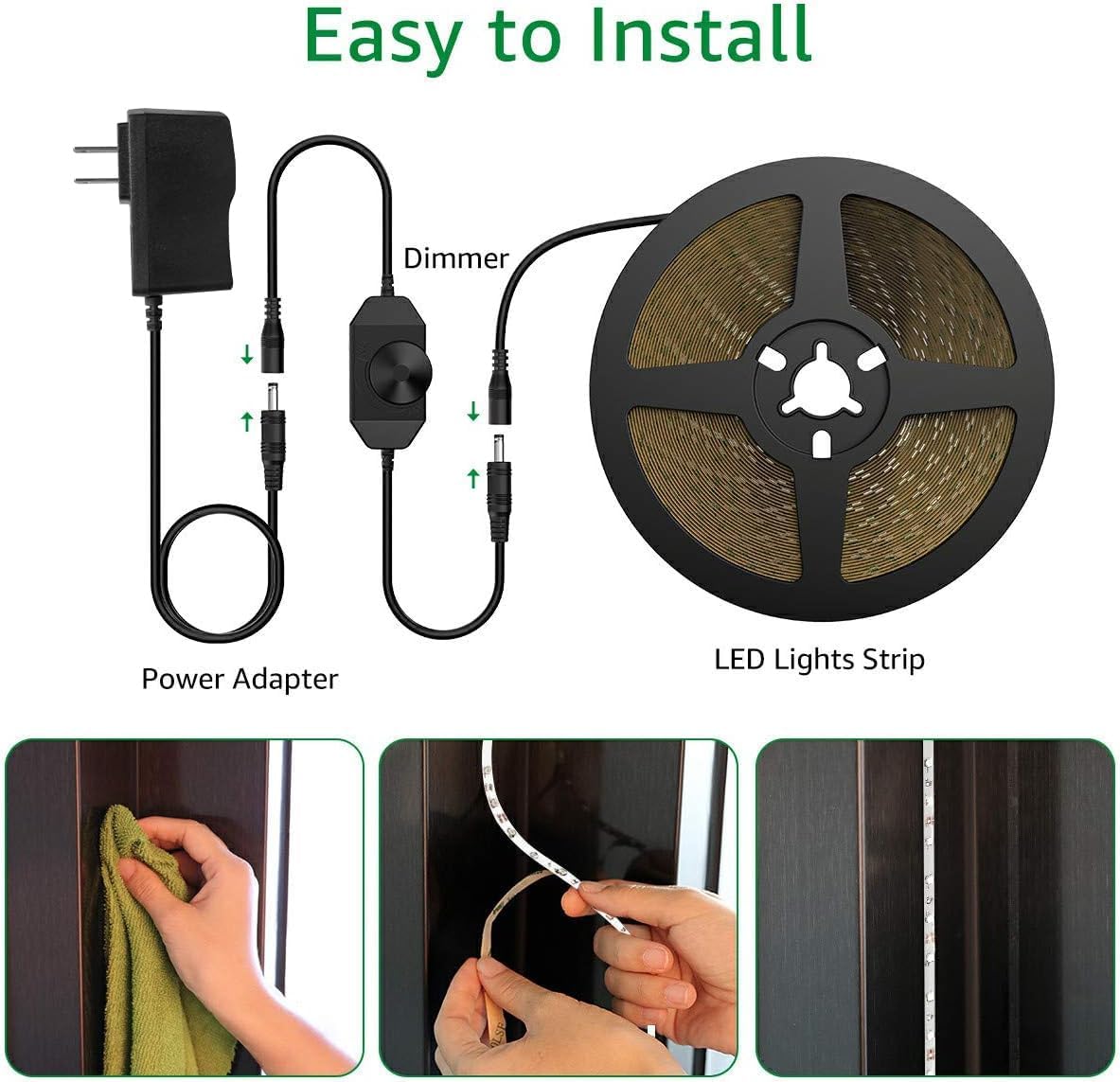 Olafus 16.4ft LED Strip Lights Warm White Dimmable, LED Rope Light Kit 12V Flexible Under Cabinet Lighting Strips, 5m 300 LEDs 2835, 3000K Bright Led Lights for Bedroom, UL Listed Plug - Image 7