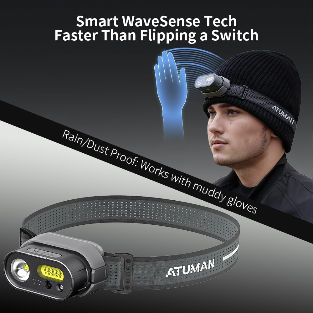 ATuMan Rechargeable Headlamp, 2 Pack, 8 Modes with White and Red Light, Motion Sensor, 300 Lumens, IPX4 Waterproof, 1050mAh Battery, 6600mAh Charging Case for Hiking, Camping, Fishing
