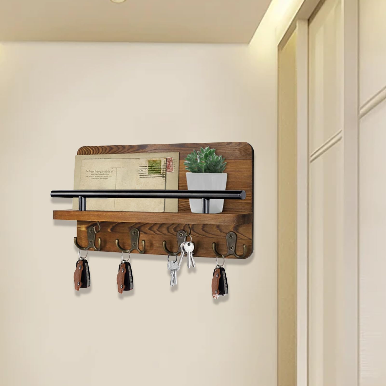 Organizer Da Parete In Legno Rustico: Porta Posta A 2 Scomparti Con 3 Ganci Portachiavi Per Ingresso