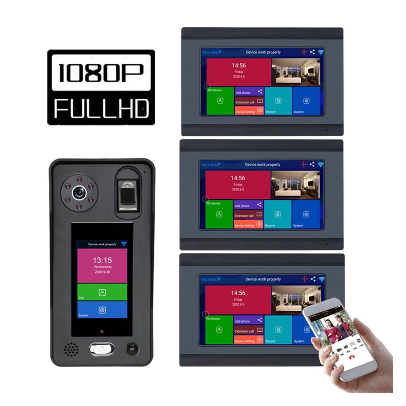 Videoportero con cámara de alta definición, 7 pulgadas inalámbrica WIFI Sistema de intercomunicación de la puerta del teléfono de la puerta de la puerta del video 1080p Cámara de 1080p 500 huellas dac