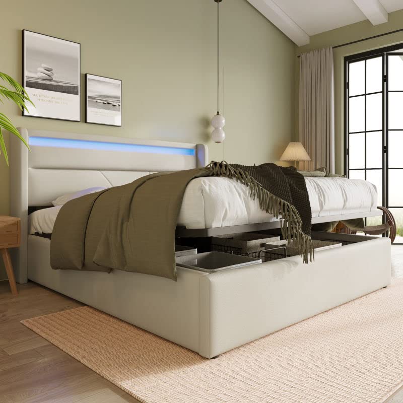 Cama de almacenamiento hidráulico con tira de iluminación LED, cama doble tapizada, 140 x 200 cm, cama funcional, color blanco (con mando a distancia)