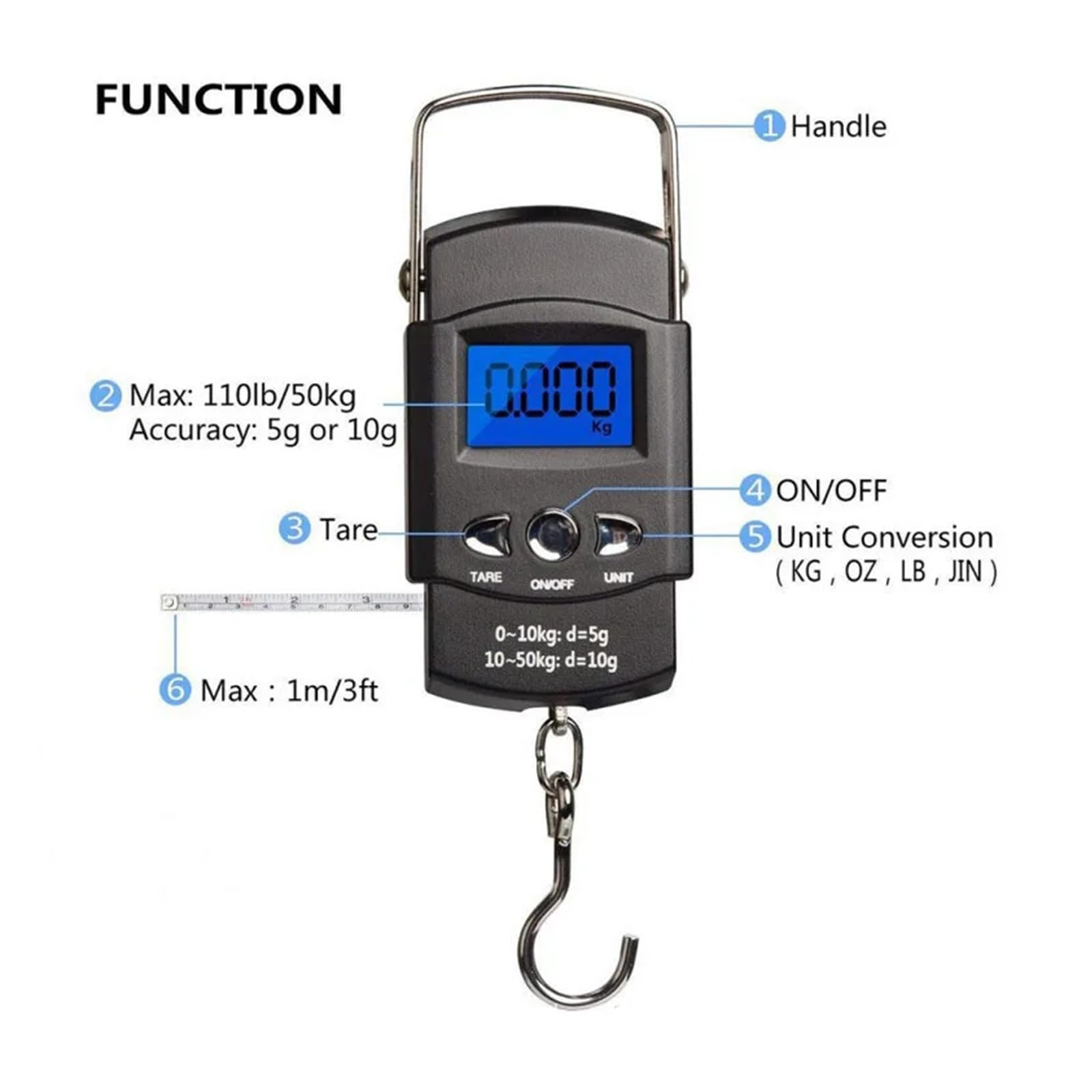 Bilancia sospesa digitale con custodia in alluminio pressofuso, peso mini gru portatile da 50/200/300 kg con gancio per l'edilizia, la fabbrica(50kg)